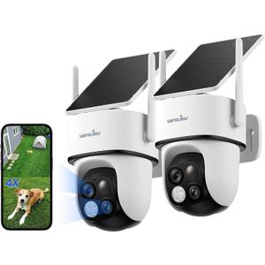 wansview Security Cameras Wireless Outdoor-2K Dual Lens Home Security Cameras, 360 View, Solar Panel Battery Powered, Color Night Vision, PIR Sensor, IP65 Waterproof, Work with Alexa, B7 2P White