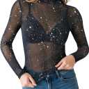 MANGOPOP Women's Glitter Mesh Top Long Sleeve Sexy See Through Sheer Stretchy Sparkly Going Out Tops (XS)