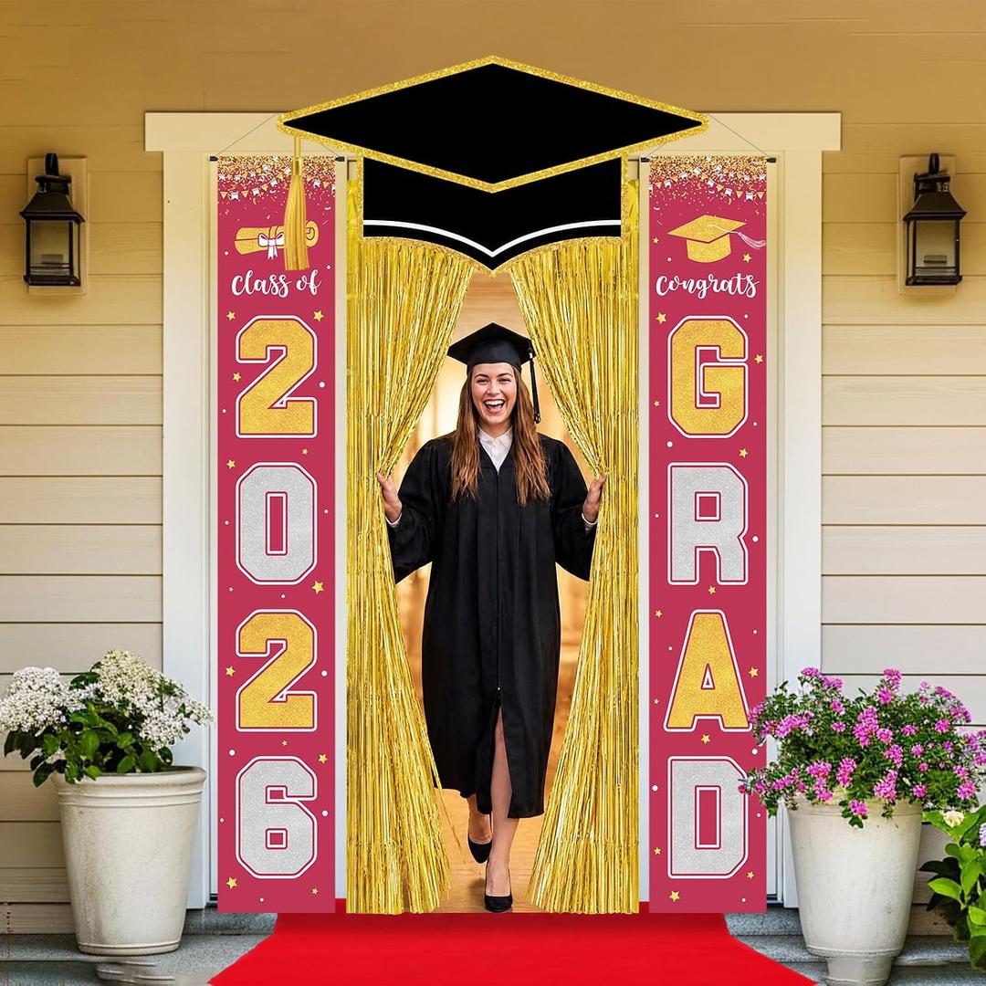 6 Pcs Large Class of 2026 Graduation Door Decoration with Red Carpet Graduation Cap Door Banner Grad Porch Sign Gold Foil Fringe Backdrop Curtain for High School College Party Decor(Red)