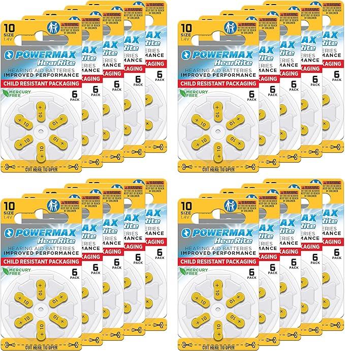 Powermax Size 10 Hearing Aid Batteries, 180 Count Long-Lasting Battery Pack, Yellow Long Tab for Easy Change