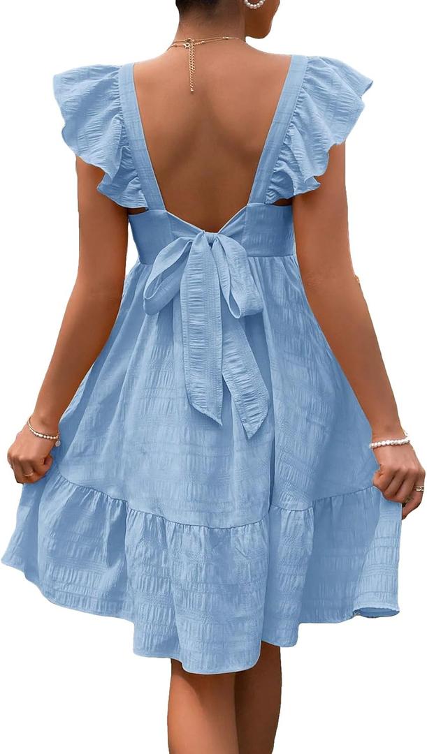 OYOANGLE Women's Maternity Tie Backless Ruffle Trim Short Sleeve Square Neck A Line Dress Solid Plain Flared Dresses (Medium, Light Blue)