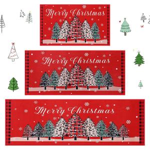 Breling 3 Pcs Merry Christmas Kitchen Rugs Mat Sets 20 x 32/47/59 Inches Non Slip Xmas Front Entrance Doormats Large Washable Welcome Carpet for Holiday Indoor Outside Porch Home Floor Decor(Tree)