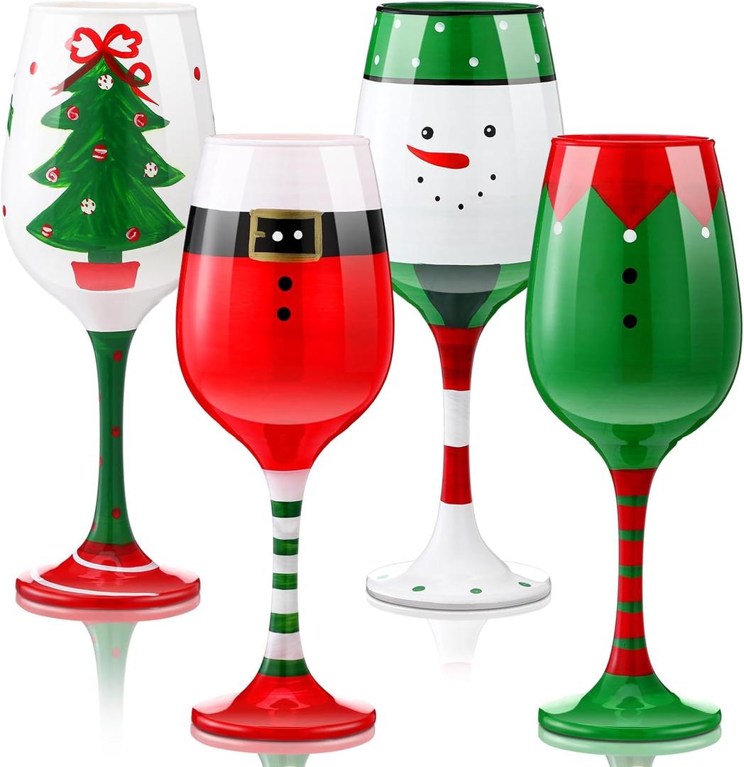 4 Pcs Christmas Wine Glasses 16.8 Oz Set Santa Belt Snowman Drinking Goblets Cups Xmas Hand Painted Wine Cup for Home Bar Diner Birthday Wedding Christmas Party Favors