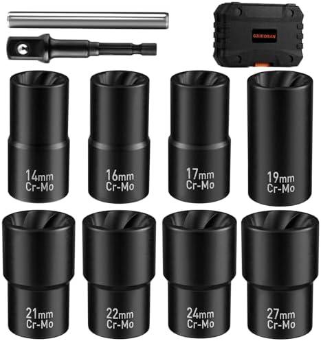 GIREORAN Wheel Lock Removal Kit, 10 Piece Lug Nut Remover, 1/2-Inch-Drive Impact Easy Out Bolt Extractor Socket Set for Removing Damaged, Frozen, Rusted, Rounded-Off Bolts, Nuts