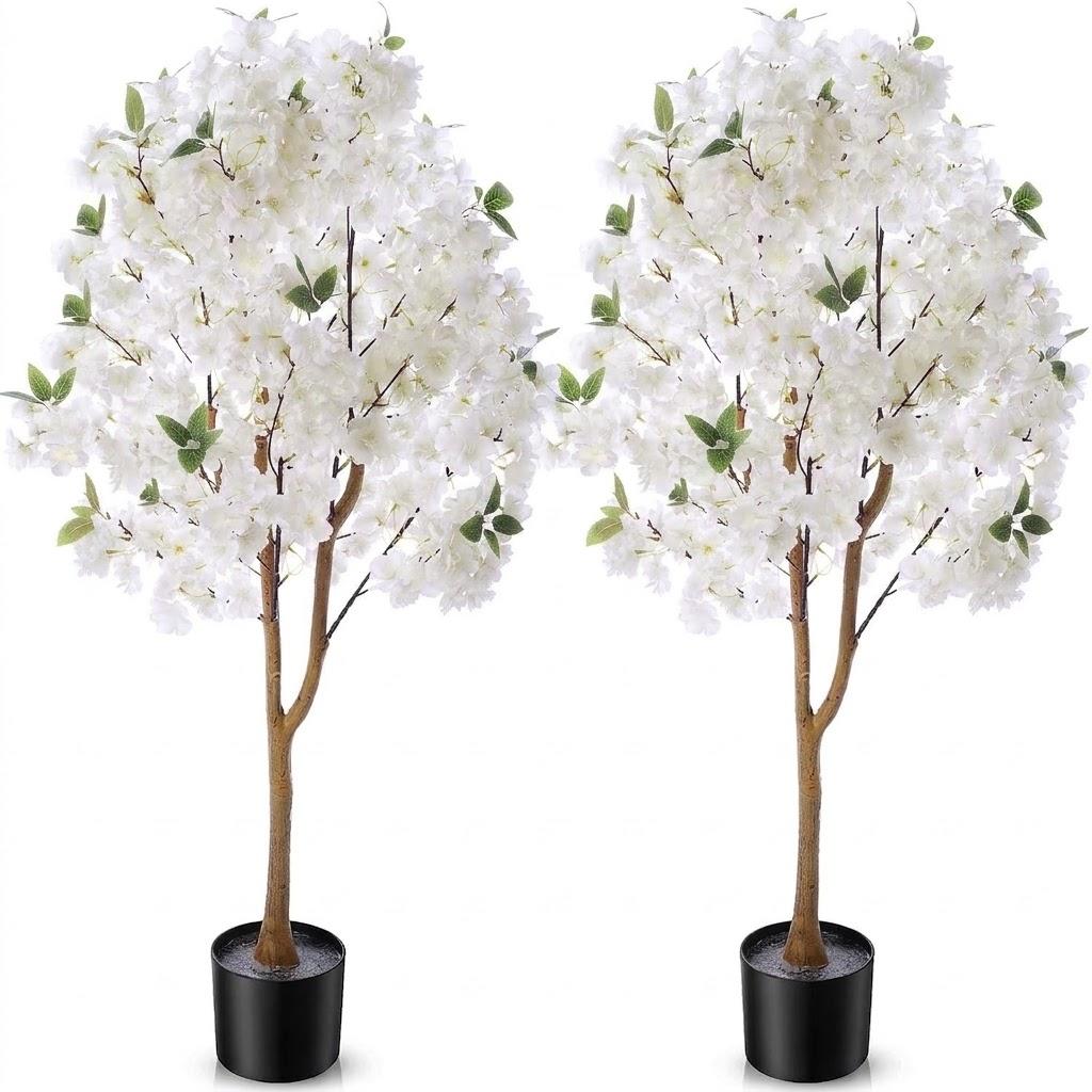 Giegxin 2 Pcs Artificial Cherry Blossom Tree 3.9 FT Fake Faux Sakura Flowers Potted Plant Indoor with Plastic Nursery Pot for Home Porch Bedroom House Entryway Office Outdoor (White)