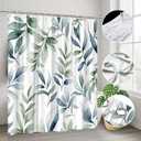 Sage Green Leaves Shower Curtain Watercolor Blue Green Plant Minimalist Modern Fabric Bathroom Decor Curtains with Hooks, 70" Wx70 H