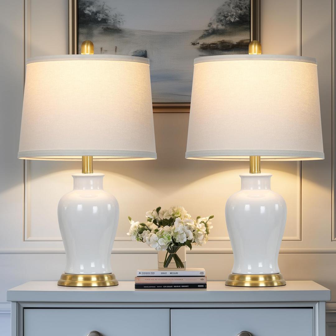 LUXEFLOW White Ceramic Table Lamps Set of 2, 23" Modern Ceramic Bedside Lamps with Ginger Jar Design, Farmhouse Lamp for Living Room End Table, Elegant Bedroom Lamp for Nightstand Desk Side Home Decor