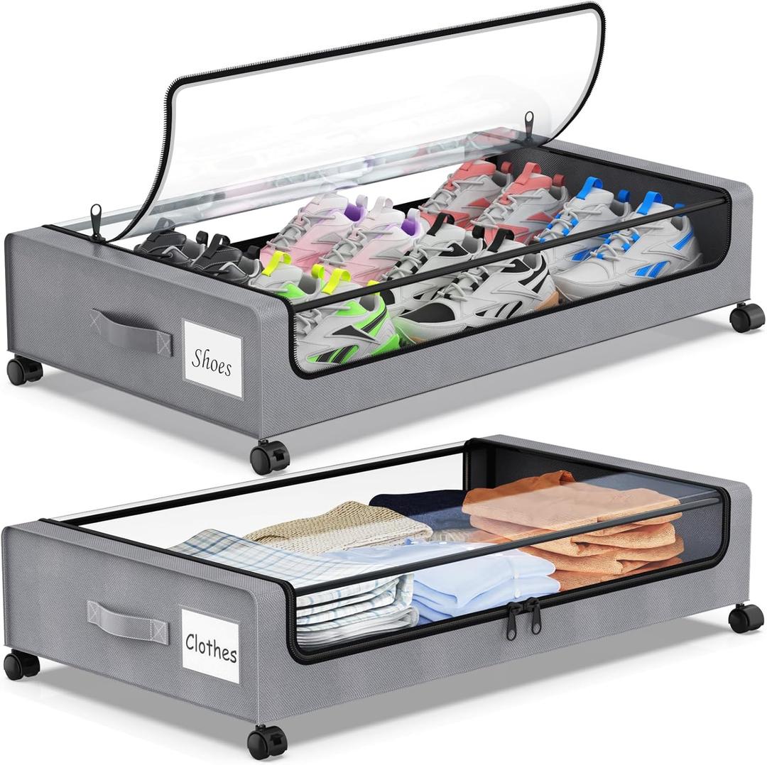 Molutsody Under Bed Storage with Wheels, 2-Pack Underbed Storage Containers with Clear Lids, Under Bed Shoe Storage Organizer Bins, Rolling Under Bed Storage for Clothes Shoes Blankets (Grey)