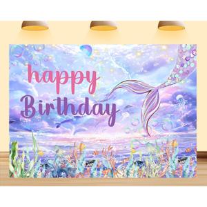 7X5ft Mermaid Happy Birthday Backdrop Photography Background Dreamy Fish Tail Mermaid Backdrop Under The Sea for Princess Girl Baby Shower Decoration Photo Booth Studio Props