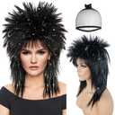 RUBIES+Hair Cap 80's Rocking Diva Wig Long Silver Black Wig for Women Long Spiky Wig with Bangs Rocker Anime Funny Hair for Halloween Cosplay Womens Cosplay Outfit for Costume Party