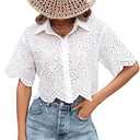 SweatyRocks Women's Short Sleeve Button Down Eyelet Crochet Shirt Asymmetrical Hem Crop Top Blouse White Small