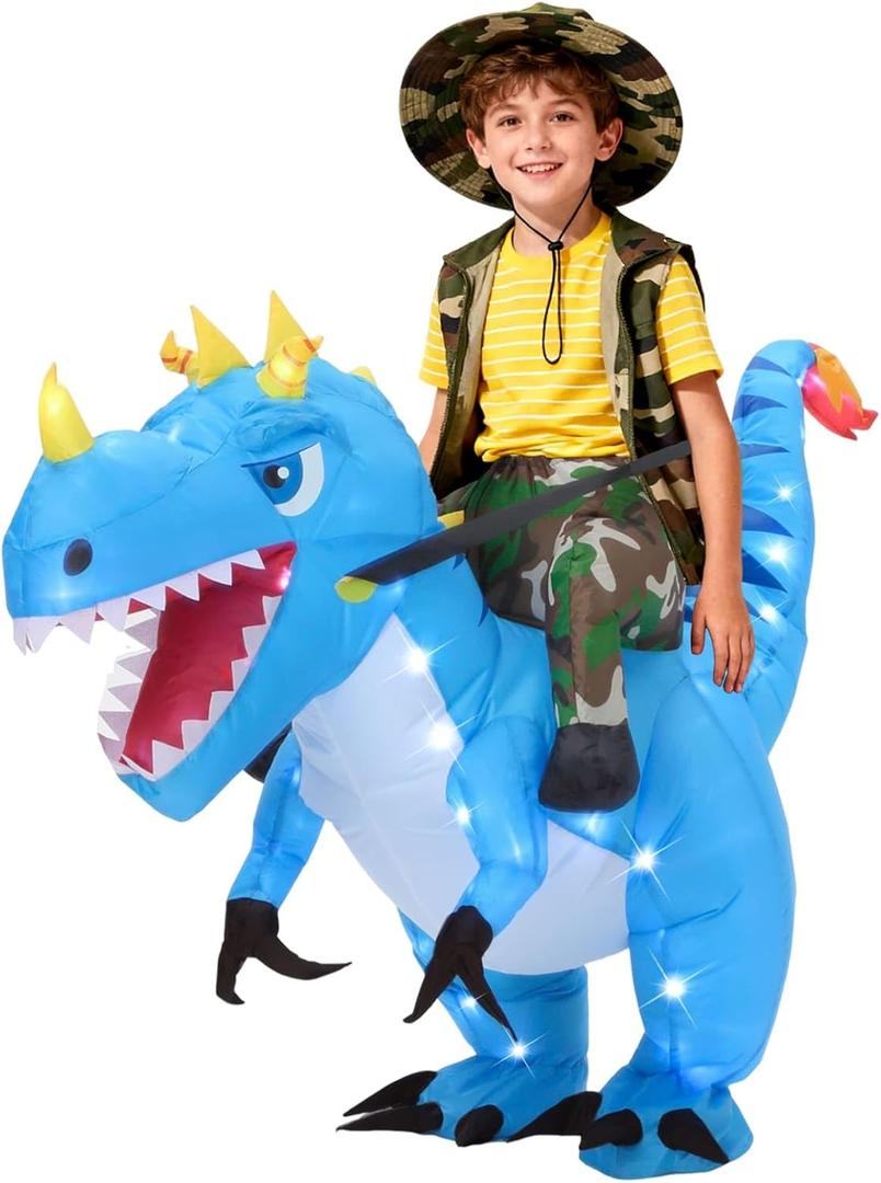 Inflatable Dinosaur Costume for Kids Light Up T-Rex Funny Blow Up Halloween Party Cosplay Dress Up Outfit Boys Girls,Blue