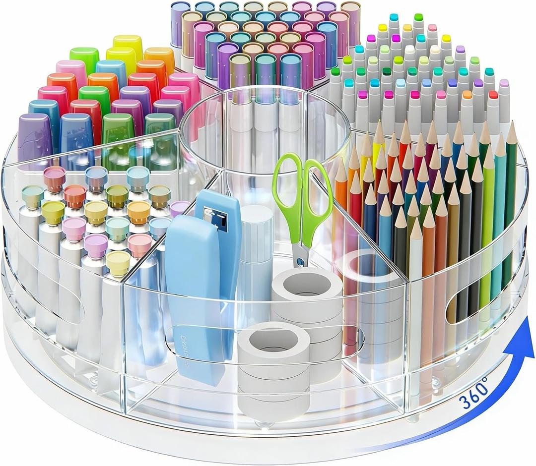 CraftGenes Rotating Desk Organizer, 360 Acrylic Pen Organizer for Desk with 7 Removable Compartments, Extra-Large Pen Holder for Office Supplies, Markers, and Art Supplies, Clear Pencil Holder