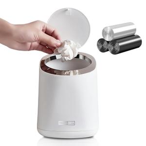 Mini Desktop Trash Can with 90 Trash Bags, Press-Type Countertop Wastebasket with Lid, Small Plastic Garbage Can for Bathroom Bedroom Living Room Dressing Table(White)