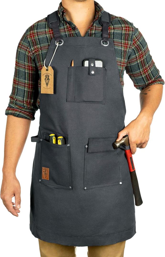 Texas Canvas Wares Waxed Canvas Heavy Duty Work Apron With Pockets - Deluxe Edition - with Quick Release Buckle Adjustable up to XXL for Men and Women (Grey Deluxe Edition) (XL)