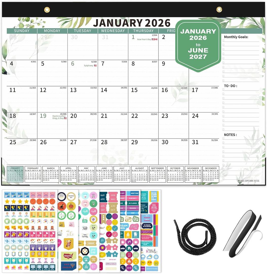Ospelelf Desk Calendar 2026-2027, Magnetic Fridge Wall Calendar, 18 Month Monthly Large 17" X 12" Calendar Planner with Plastic Cover, January 2026 - June 2027 Green Plant