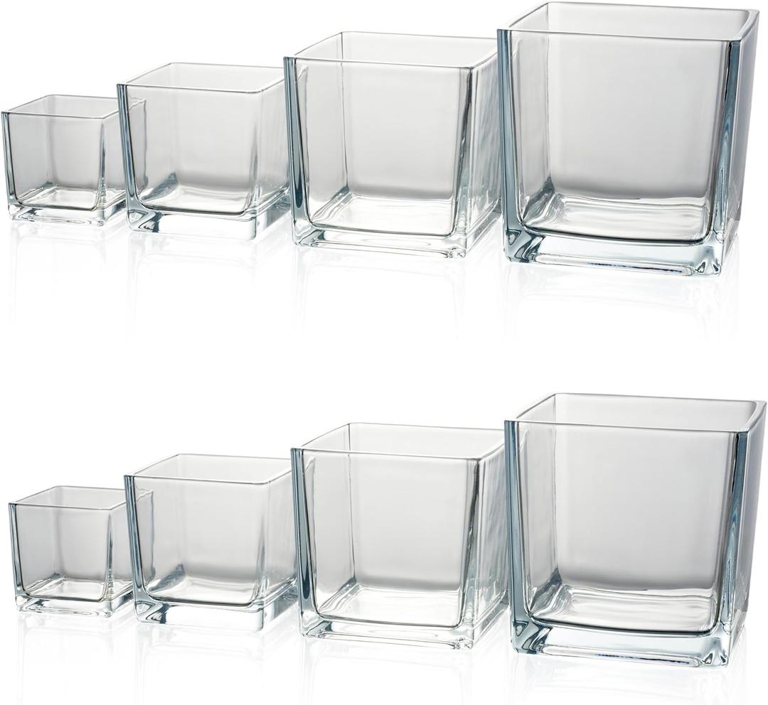 Set of 8 Square Glass Vases for Centerpieces  2.36in /3.15in/ 4in/5in Clear Short Flower Vase, Plant Terrariums, or Candle Holders for Wedding Centerpieces, Office Decor, Home Dcor, Parties