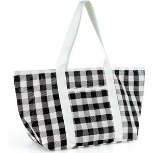 Beach Tote Bag for Women, Lightweight Foldable Waterproof Mesh Pool Bag (Black and White Plaid)