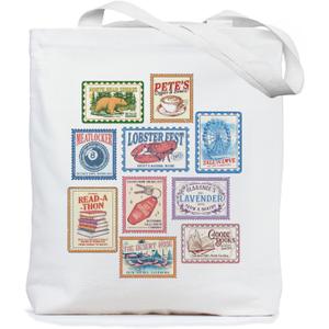 Chicimln Retro Coastal Beach Stamp Tote Bag, Ocean Nautical Lobster Canvas Tote Bags, Reading Lovers Gifts, Bookworm Gifts for Women Reusable Grocery Shopping Bags