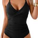 B2prity Women's One Piece Swimsuits Tummy Control Front Cross Bathing Suits Tie Back Slimming V Neck Swimwear, Medium, Black 