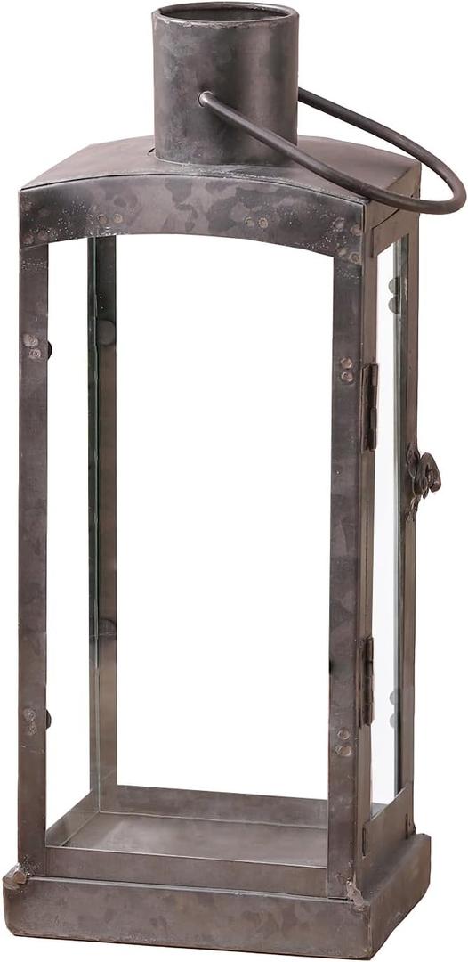 Vintage Tin Lantern with Glass Panels for Pillar Candle, Metal Candle Holder, for Farmhouse or Industrial Style, Centerpiece, Patio Accent, Decor On Side Tables, Mantels (1, 5"x12.5")