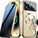[Full Camera Protection& Mechanical Lock]Magnetic Privacy Case for iPhone 15 Pro Max[Compatible with MagSafe][CD Metal Ring] Full Body Shockproof Metal Bumper, 9H Anti Peeping Glass Cover-Gold