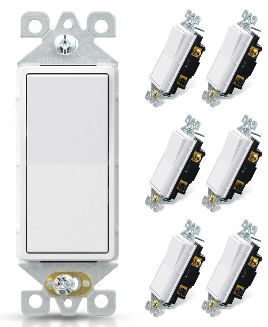 ELEGRP Matte White 3 Way Decorative Light Switch, 15Amp, 120-277 Volt, AC Decorator Rocker Paddle Wall Switch Replacement, Self-Grounding, Residential and Commercial Grade, UL Listed (7 Pack) (Without Wall Plate)