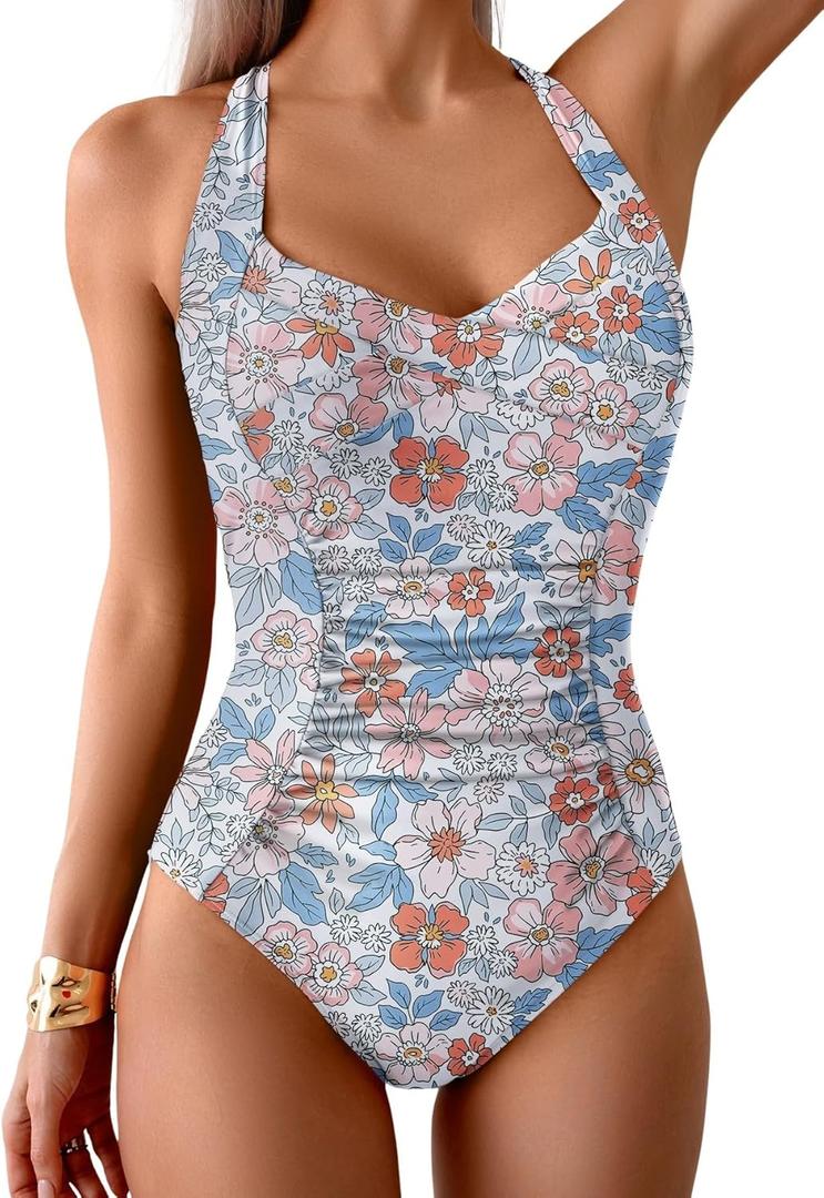 B2prity One Piece Swimsuit for Women Tummy Control Bathing Suits Ruched Slimming Swim Suit Push Up Tie Back Swimwear (XXL)