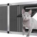 Adjustable Ventilated Pet Door for Window 31.7"-39.3" Wide, Silver Aluminum Frame + Stainless Steel Mesh | Breathable Bug-Proof | 4-Way Lock Magnetic Closure Cat Window Door,Cat Door for Window Insert
