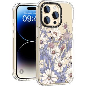 Wildflower Phone Case for iPhone 14 Pro Max Cute Trendy Aesthetic Floral Design for Women & Girls - Military-Grade Drop Protection - Clear Hard Shell Protective Cover - White Purple Floral