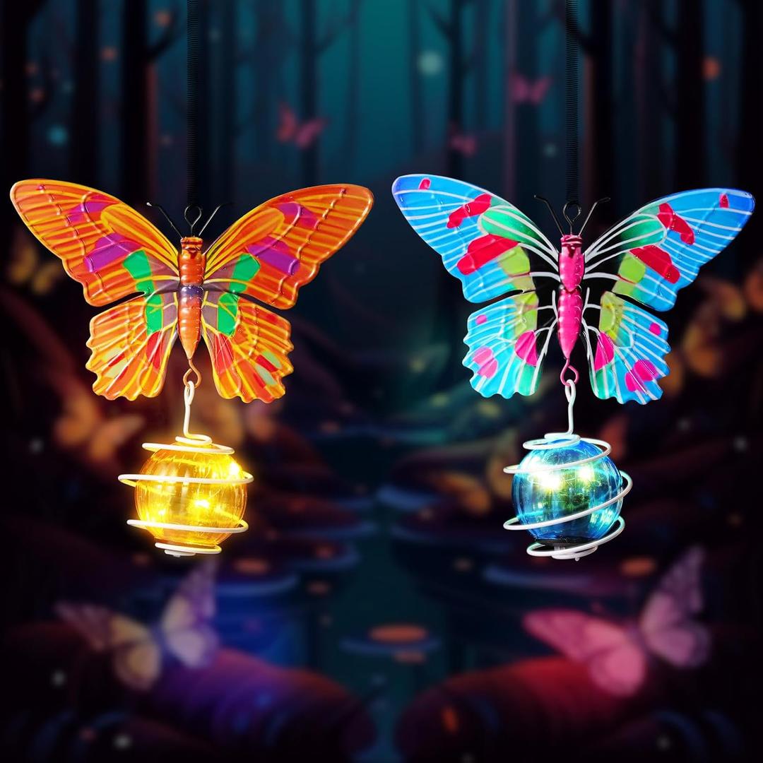 Baquler 2 Pcs Solar Butterfly Garden Hanging Decoration, Butterfly Fairy Lights Outdoor Waterproof Metal Lantern for Patio Yard Lawn Balcony Ornament Birthday Women Gifts (Blue,Orange)