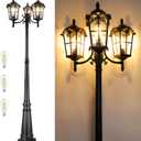 PARTPHONER Black Roman Outdoor Lamp Post, Triple Head Aluminum Street Light Post for Outside, Waterproof Pole Lighting Fixture with Water Glass for Backyard Garden Patio Driveway