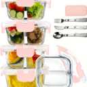 5 Pack Bariatric Meal Prep Containers, 8 oz Bariatric Bowls for Portion Control, Reusable Glass Snack Food Containers with Lids & Folding Spoon & Fork & Knife, Bariatric Must Haves (Pink)