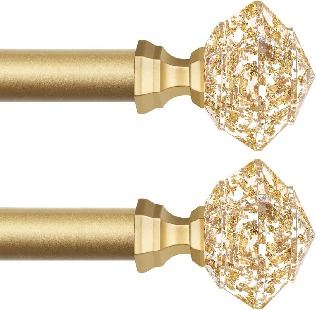 TONIAL 2 Pack Curtain Rods 32 to 58 Inch, Telescoping Splicing 3/4 Single Rods for Windows 20 to 53 Inch, Decorative Drapery Rod with Translucent Diamond Finial, Luxury Gold