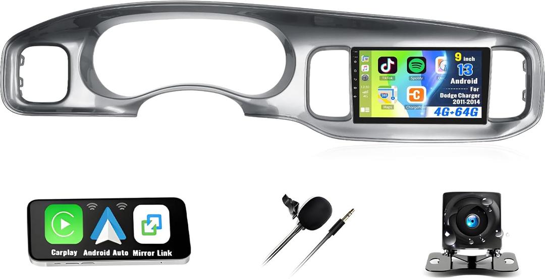 [4G+64G] Car Radio for Dodge Charger 2011-2014 with Wireless CarPlay Android Auto,9" Touchscreen Android 13 Car Stereo with Mirror Link Voice Control WiFi/GPS,Bluetooth,FM/RDS SWC+Backup Camera