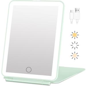 FUNTOUCH Rechargeable Travel Makeup Mirror with Lights, Portable 72 Led Lighted Makeup Mirror, 3 Color Lighting, Dimmable Touch Screen, Type C, Tabletop LED Folding Cosmetic Vanity Mirror