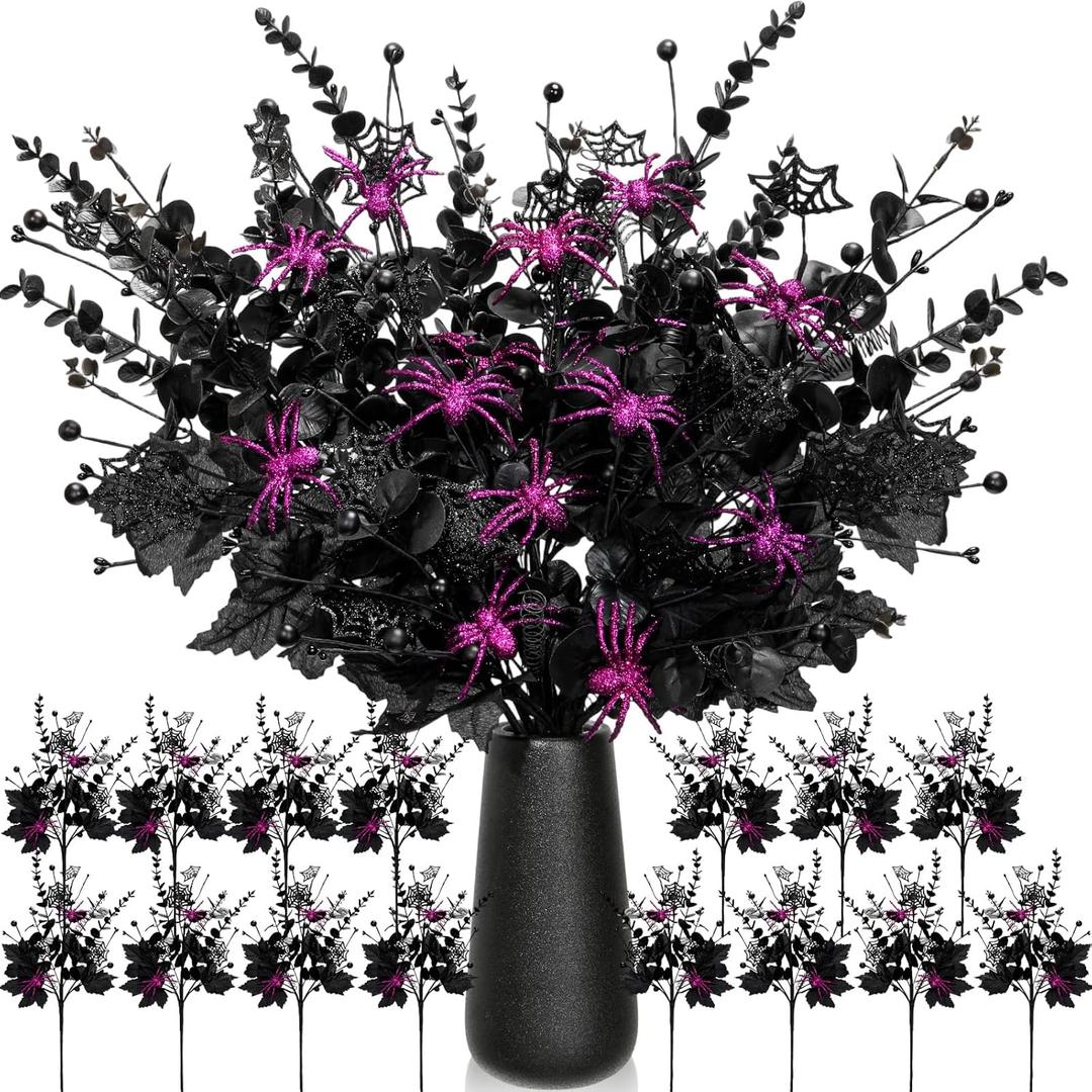 Giegxin 15 Pcs Halloween Floral Picks Halloween Decorations 19.5inch Black Artificial Flowers Branches Eucalyptus Stems Glitter Spiderweb Maple Leaf Stems for Home Indoor Party Vase Arrangement Decor