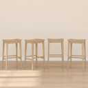 Plank+Beam Smythe Bar Stool, 30", Set of 4, Sturdy Wood Modern Kitchen Bar Height Stool, Saddle Seat Backless Bar Chair, Metal Footrest, Blonde