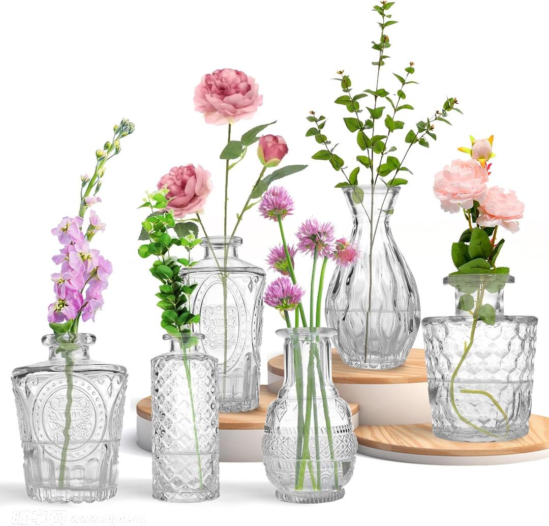 Glass Mini Vases, 5 Inch Height, Set of 4, Transparent Bottle Shape, for Home and Flowers (6)