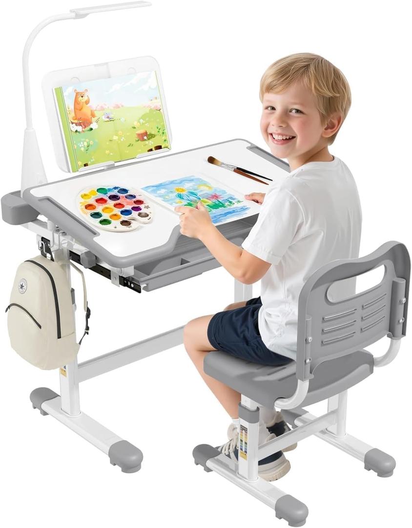 BIERUM Kids Desk and Chair Set - 55° Tiltable Student Desk, Ergonomic Widened Desktop Table with Painting Mat, Bookstand and 3 Modes LED Lamps for Kids Ages 3-12, Height Adjustable, Gray (Light Gray)