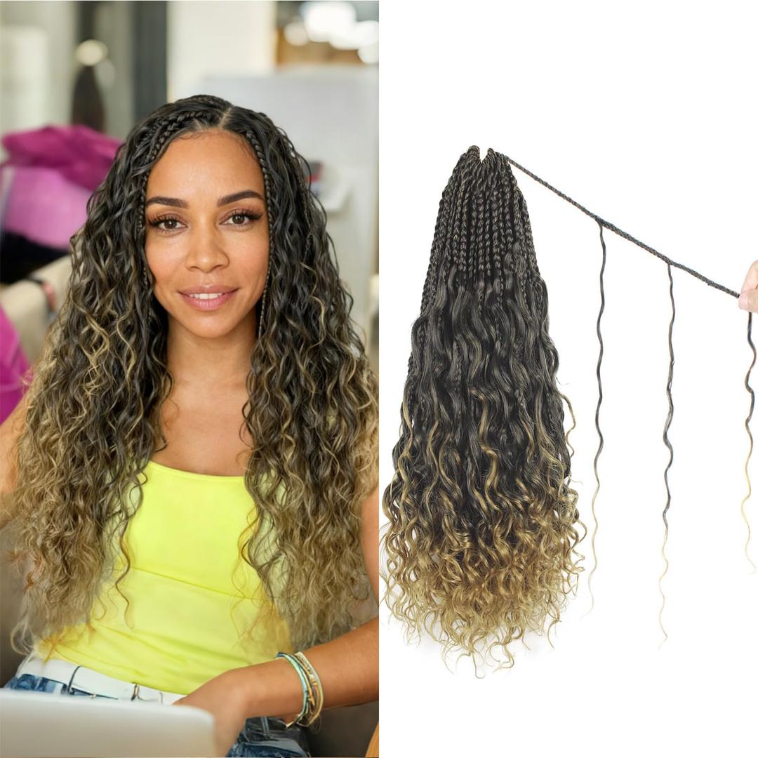 Goddess Box Braids Pure Protein Fiber Close to Human Hair 14 Inch 8 Packs Boho Crochet Braids with Soft Curls Bohemian Braids Crochet Hair for Black Women (14Inch,T27)