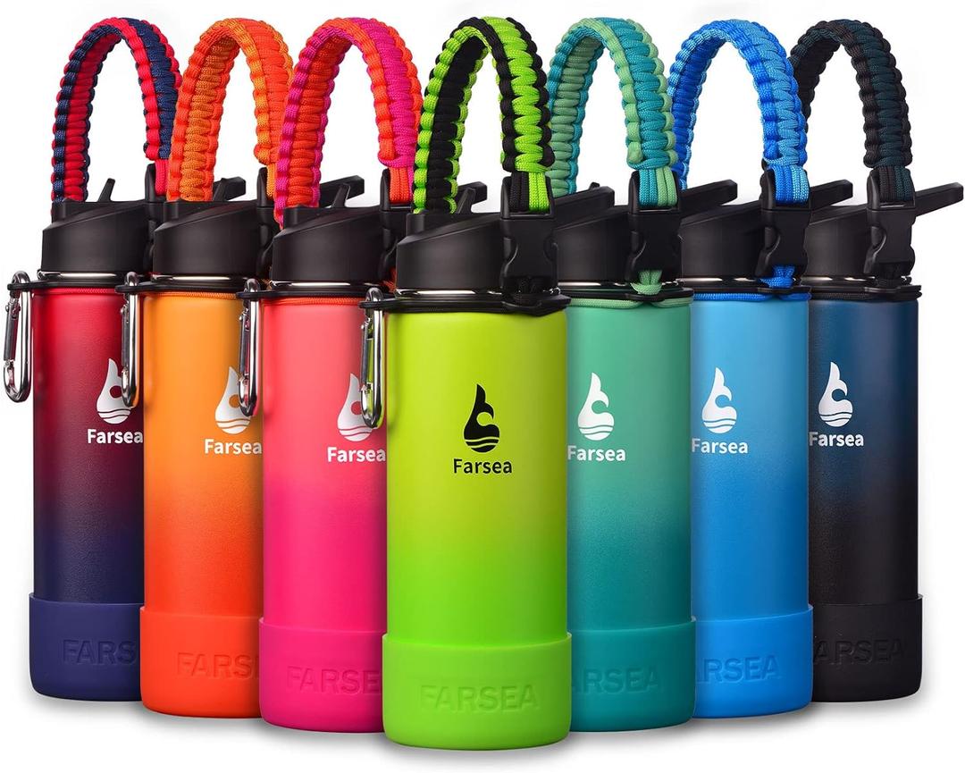 Farsea Insulated Water Bottle With Paracord Handle, Protective Silicone Boot and 2 Lids (Straw Lid & Spout Lid), Stainless Steel Water Bottle Wide Mouth, Double Wall Sweat-Proof BPA-Free, 18 oz (Neon)