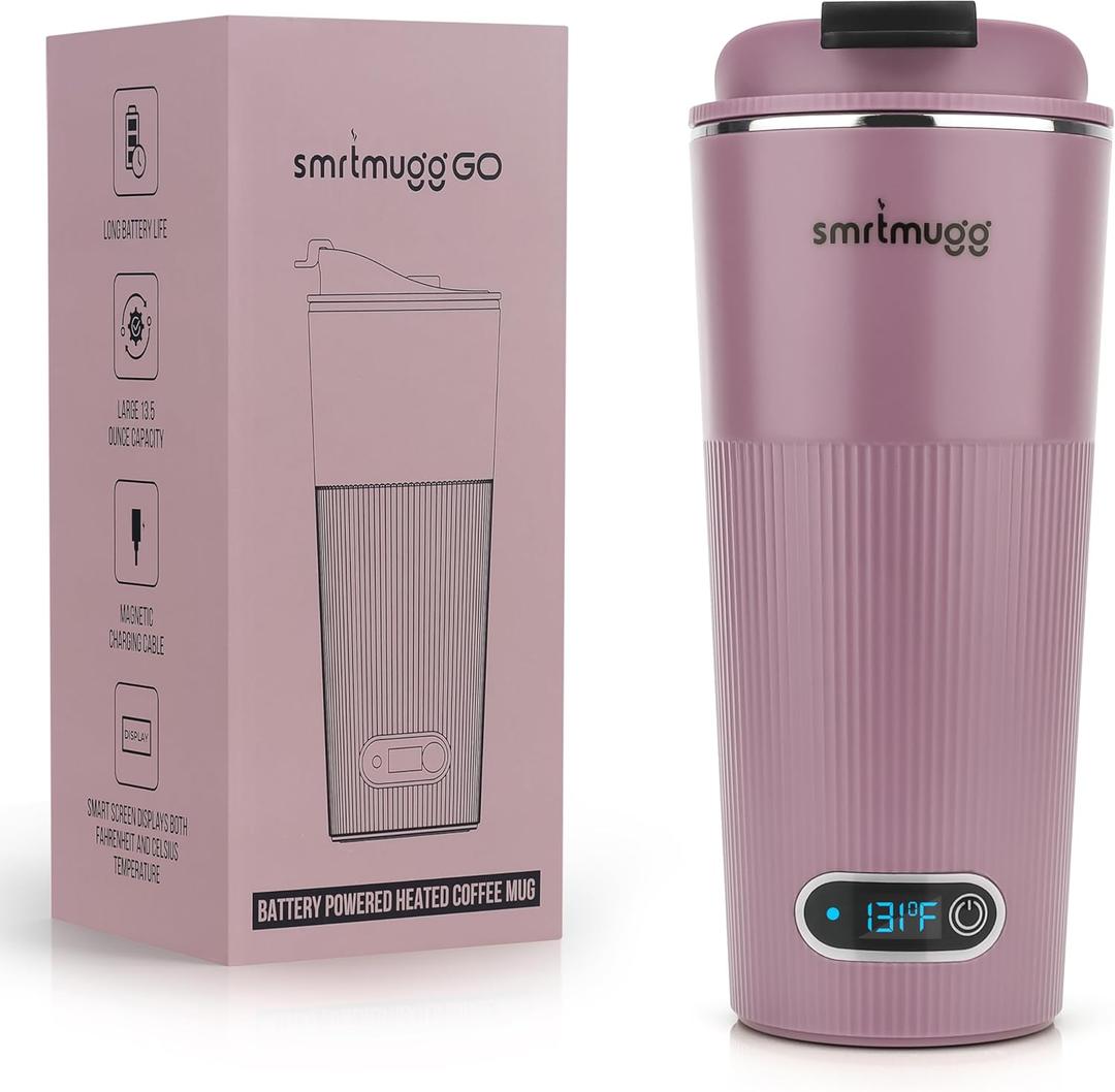 GO Heated Coffee Mug, Travel Mug, 13.5 OZ. Smart Mug, Battery Powered Heated Coffee Mug, Great for Coffee and Tea, Snap on Magnetic Charging Cord, New and Improved (Lilac)