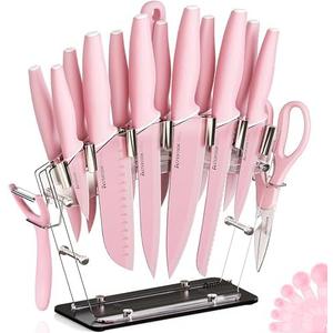 Astercook Knife Set with Block and Sharpener, 22 Piece Kitchen Knife Set Dishwasher Safe, Space-Saving Clear Knife Block with Knives for Everyday Home Cooking Pink