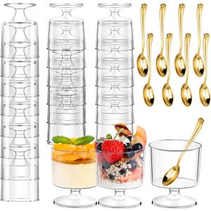 DI QIU REN 120 Pcs 5oz Dessert Cups with Golden Spoon, Plastic Dessert Parfait Cup Clear Appetizer Pudding Cup, Round Serving Goblet Cups Shot Glasse (Round Goblet with Cocktail Picks60Pack)