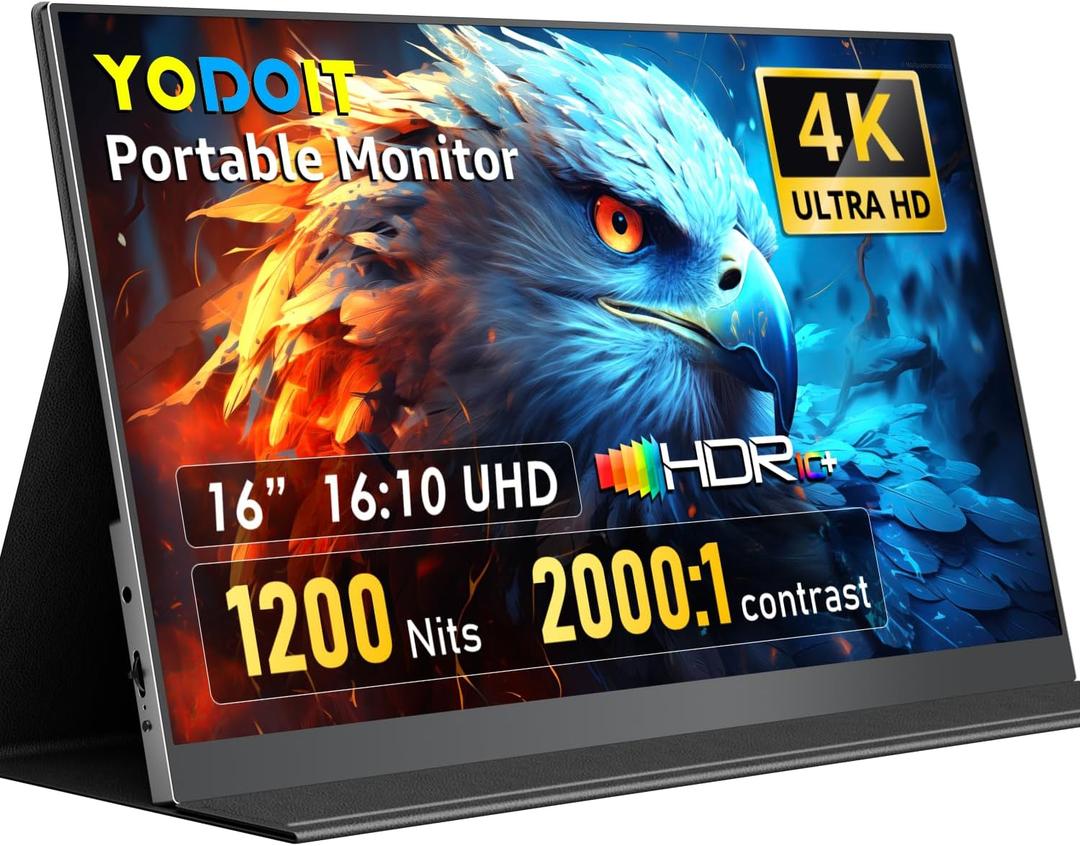 Yodoit 4K Portable Monitor, 16" 38402400 UHD IPS Travel Screen 1200nit Sunlight-Readable with 145% sRGB, 2000:1 Contrast for Photo Editing Outdoor Work Compatible with Laptop PC Mac PS5 Black