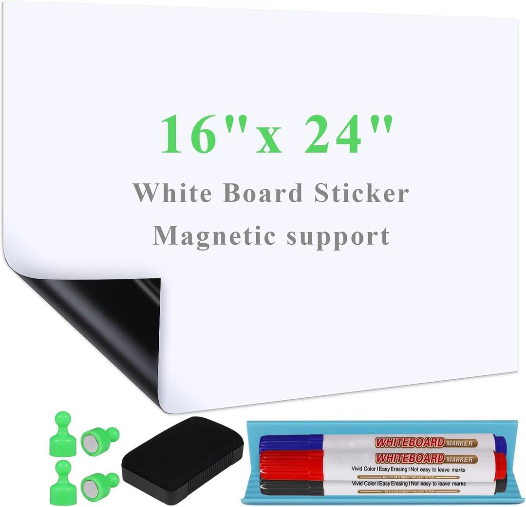 White Board Sticker Adhesive Backing, 16" x 24" Magnetic Dry Erase Board Contact Paper Stick on Wall, Whiteboard Sheet for Teacher Kids Classroom, Include Markers, Eraser with Magnet (24"W x 16"H)