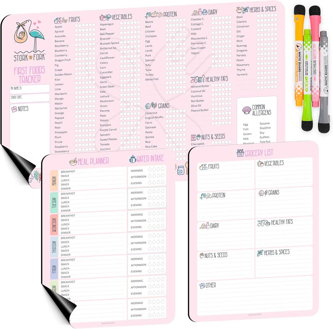 Baby First Food Tracker, Magnetic Meal Planner, Fridge Grocery Shopping List Chart (3 in 1) - Dry, Erase Menu Planners, Strong Stickiness on Refrigerator - 11.8"x8.2", Pink - Baby Led Weaning Supplies