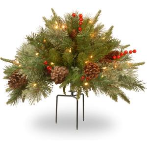 National Tree Company 18 in Pre-Lit Colonial Fir Artificial Christmas Urn Filler, Christmas Decoration with Pinecones, Red Berries, 35 Clear LED Lights, 167 Tips, Timer, Tripod Stake, Green