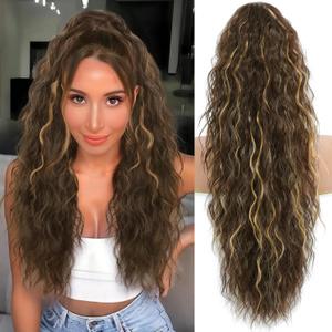 Ponytail Extension, Claw Clip on Pony tails Hair Extension for Women 28 Inch Long Wavy Curly Fake Ponytail Clip in Hair Pieces for Women Fluffy Natural Looking (Chocolate Brown with Blonde Highlights)